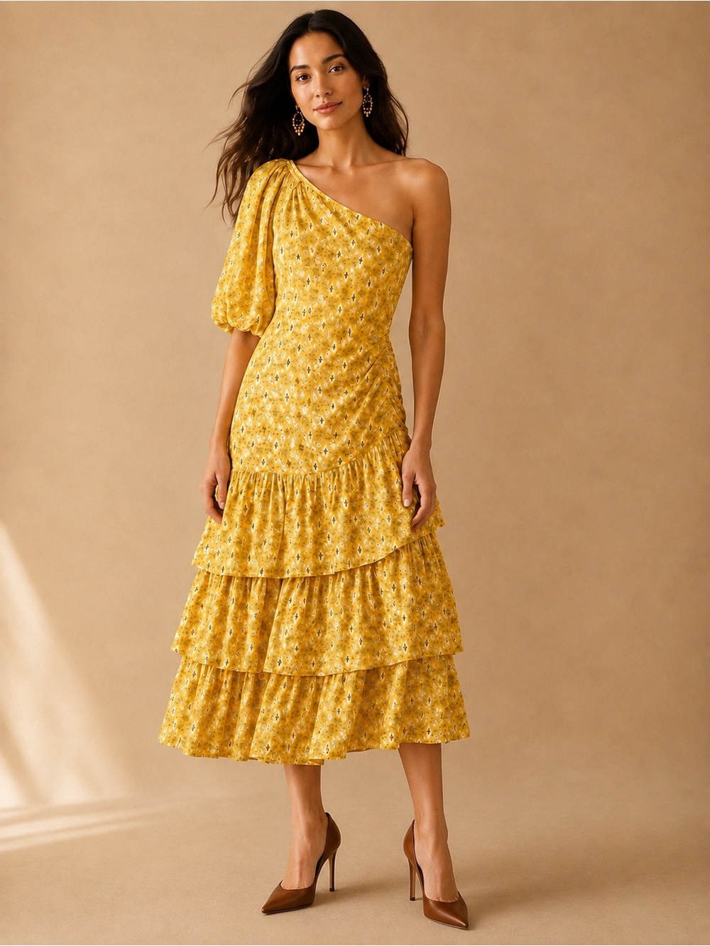 Veronica Beard Sunflower Yellow Silk BlendFloral One Shoulder Tiered Maxi Dress